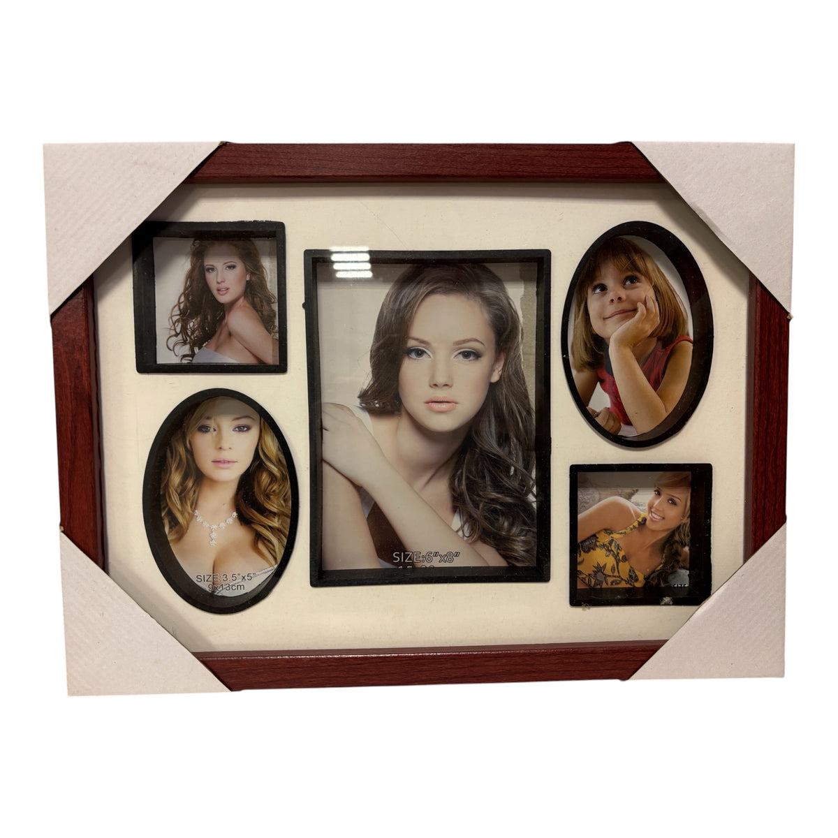 Collage photo frame with various shapes, dark wood